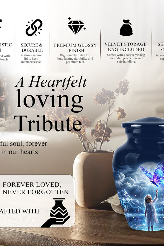 Colorful Butterfly With Girl Child - Beautiful Funeral Urns For Ashes