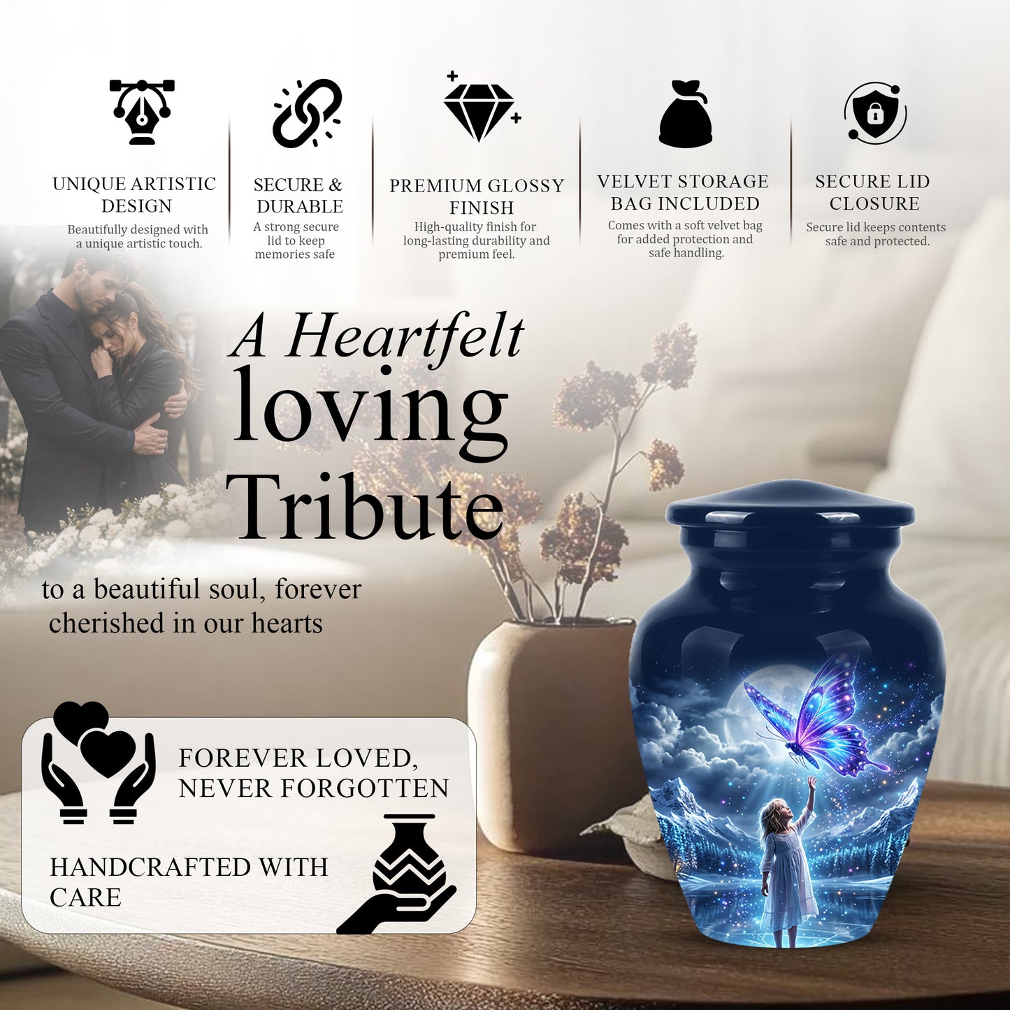 Colorful Butterfly With Girl Child - Beautiful Funeral Urns For Ashes