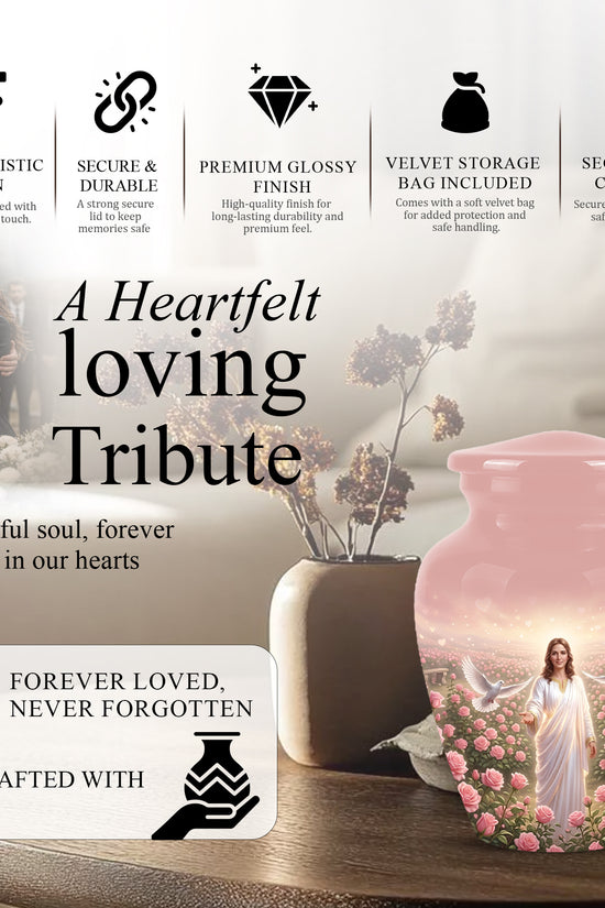 Jesus Christ And Roses Cremation Urn - Dove Memorial Urn For Ashes