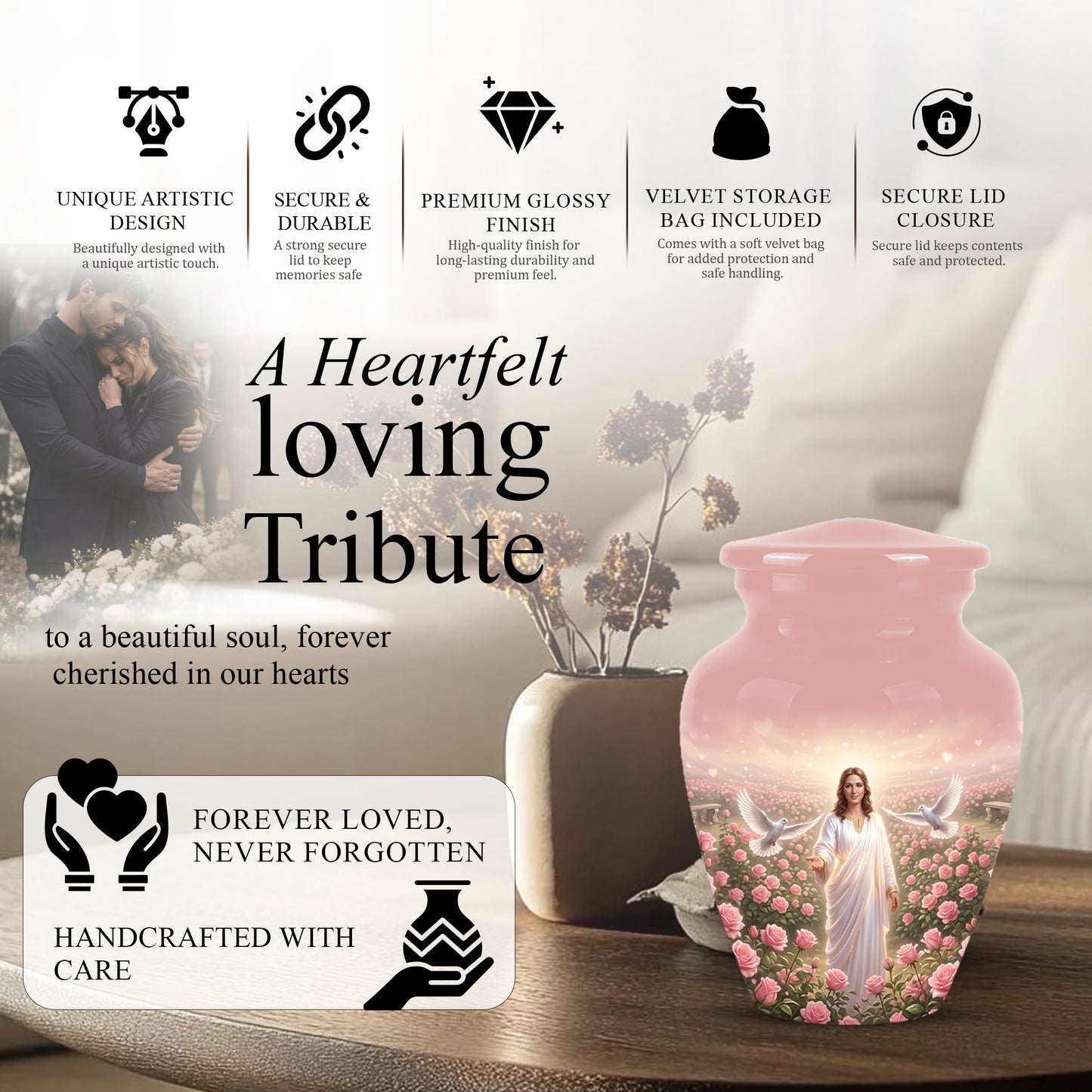 Jesus Christ And Roses Cremation Urn - Dove Memorial Urn For Ashes