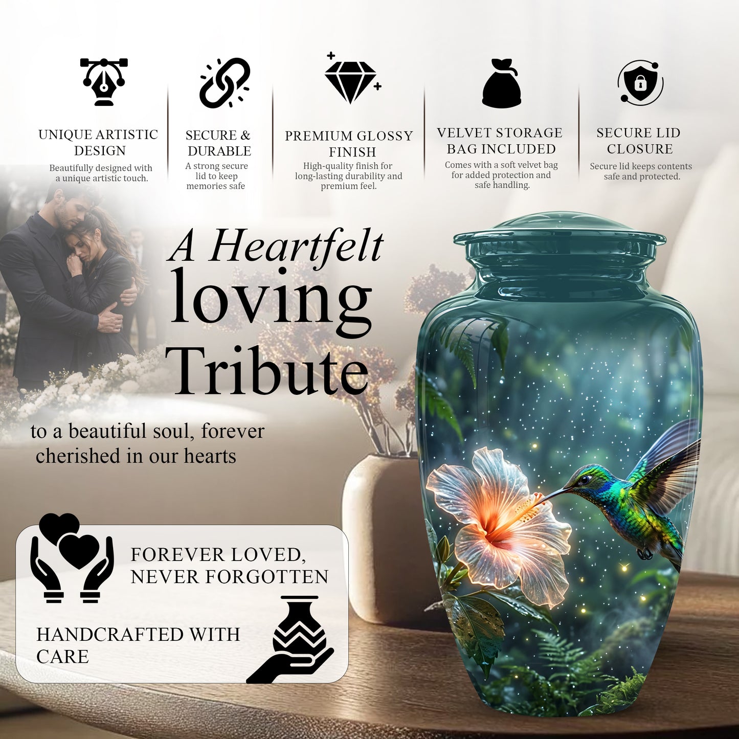 Hummingbird Cremation Urn for Ashes - Elegant Floral Memorial Urn