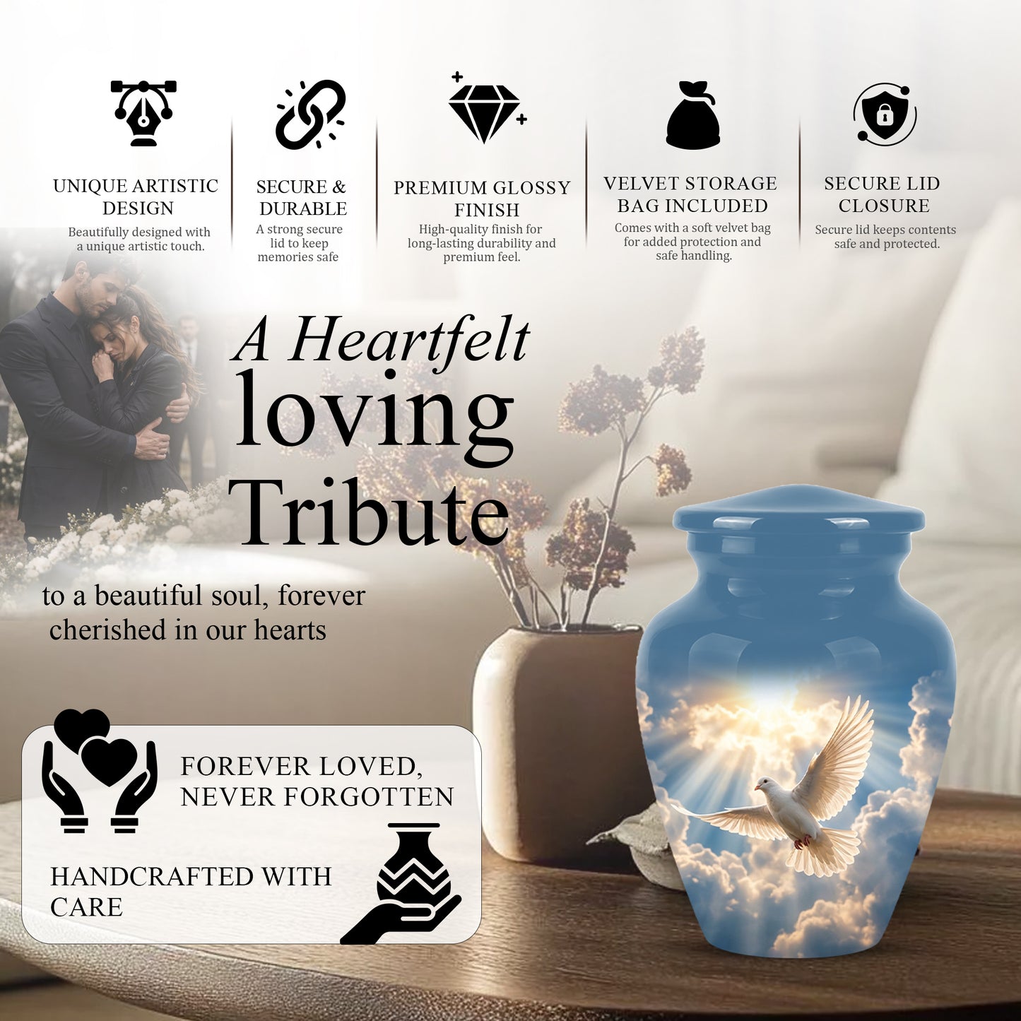 White Dove Bird Themed Urn - Custom Handcrafted Memorial Urns For Ashes