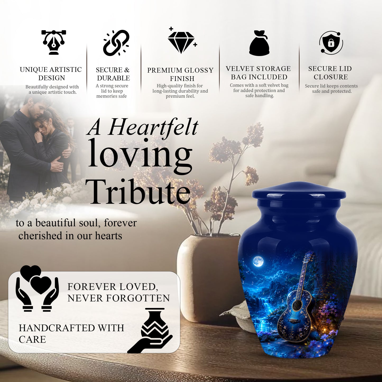Blue Guitar Moonlight Urn - Beautiful Artistic Urns For Music Lovers