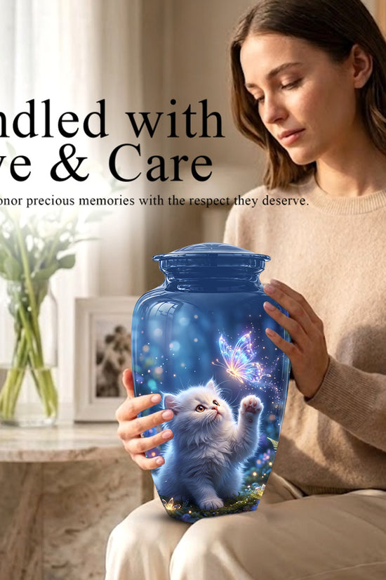 White Cat With Majestic Butterfly - Blue Cremation Urns For Human Ashes