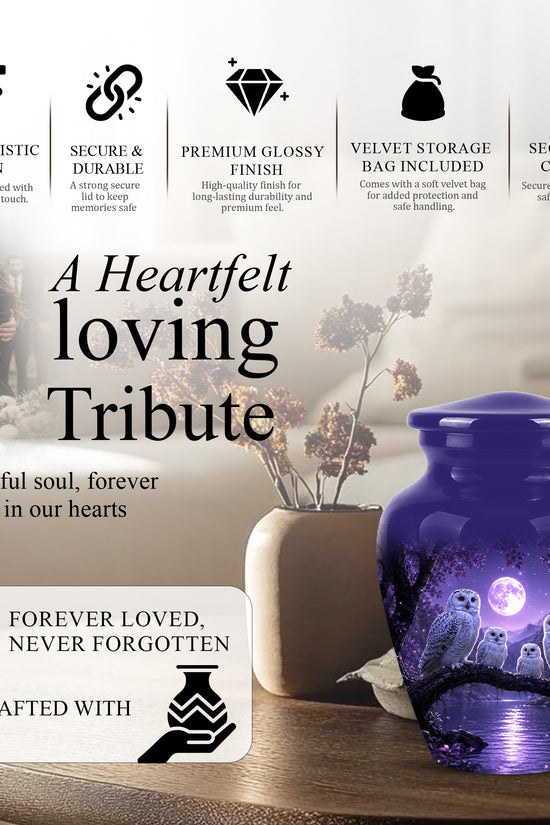 Snowy Owl Family Themed Cremation Urn - Purple Moonlight Memorial Urns