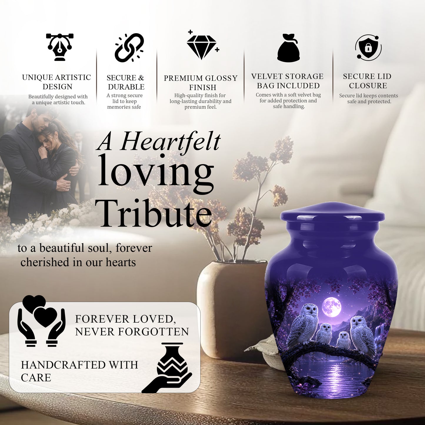 Snowy Owl Family Themed Cremation Urn - Purple Moonlight Memorial Urns
