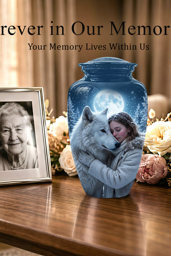 Moonlit White Wolf Cremation Urn for Ashes | Personalized Memorial