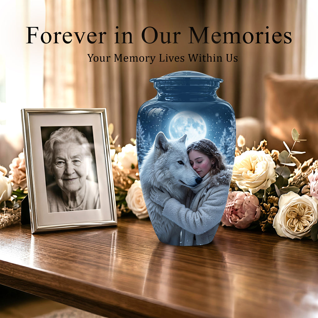 Moonlit White Wolf Cremation Urn for Ashes | Personalized Memorial