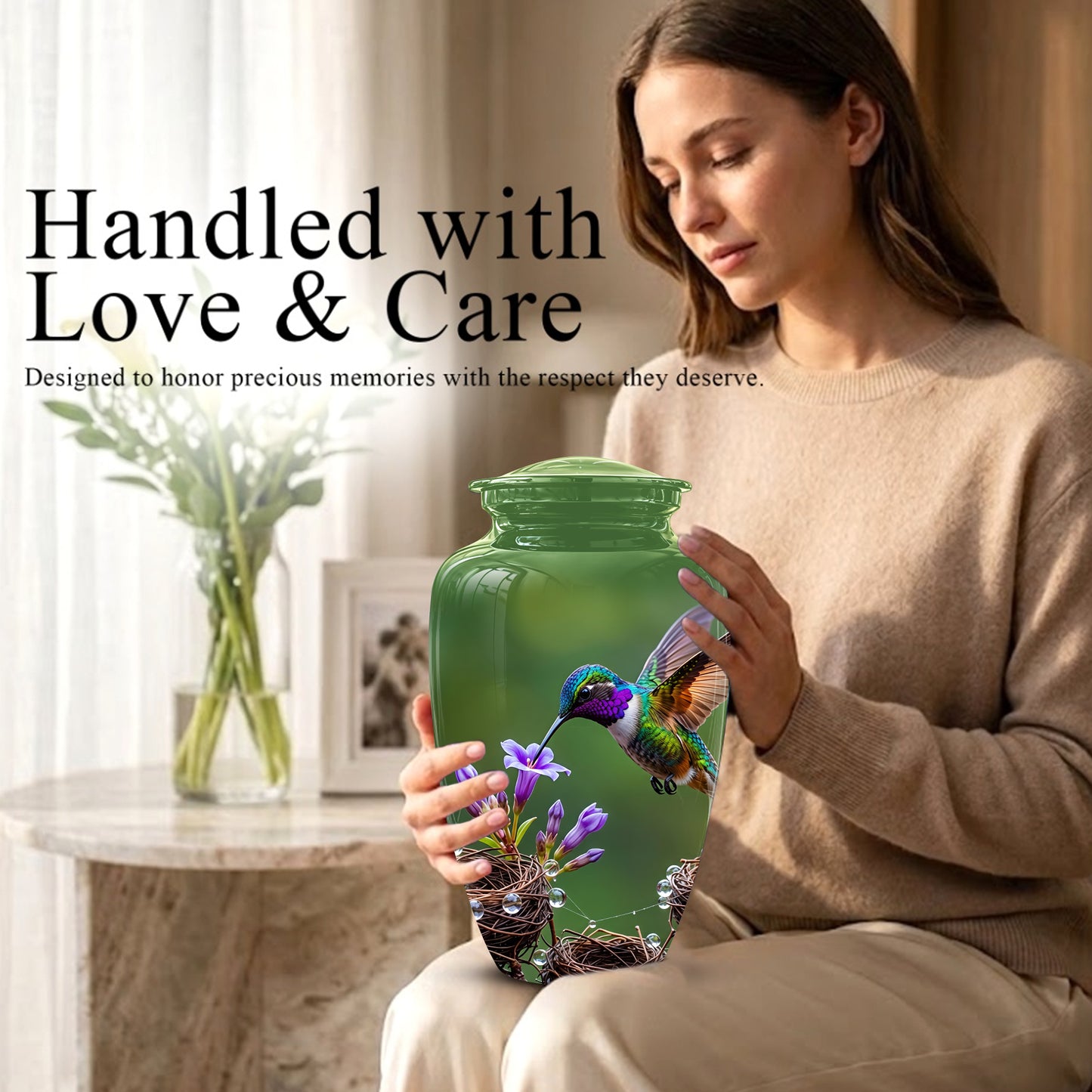 Colorful Hummingbird Memorial Urn - Green Burial Urns For Women Ashes