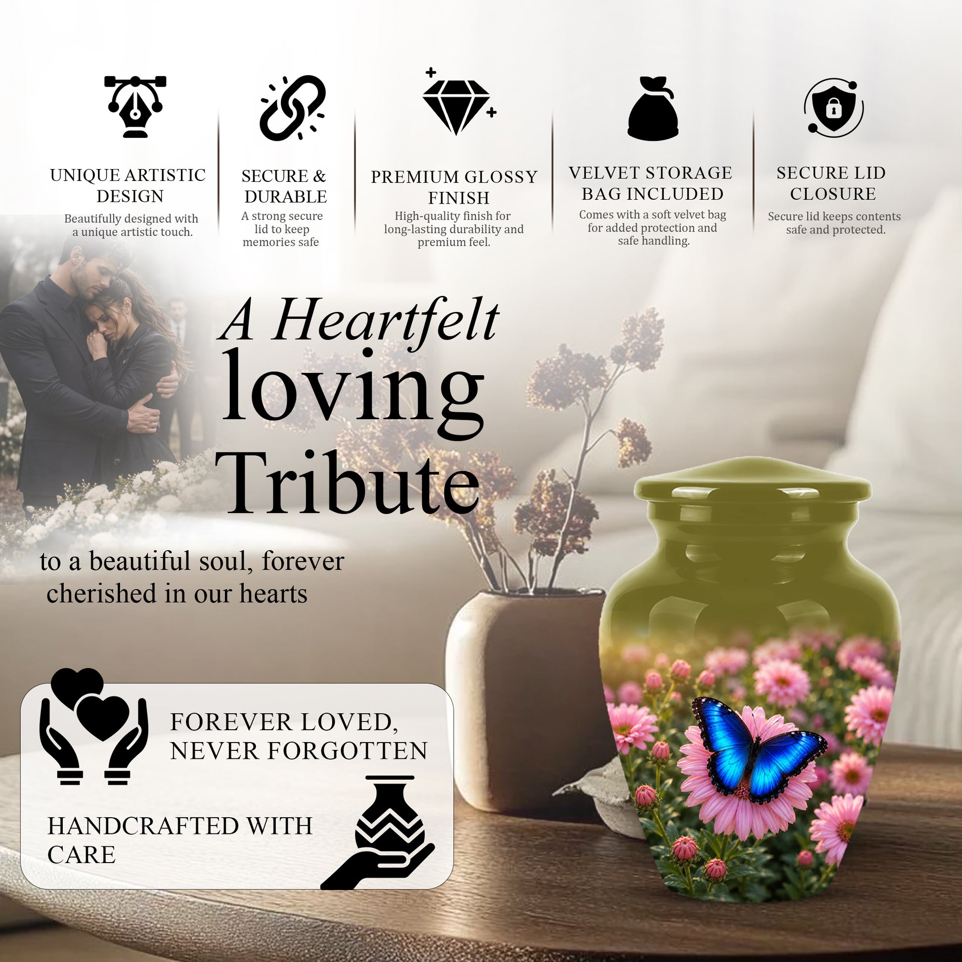 Personalized Blue Butterfly Urn - Pink Flower Memorial Urns For Ashes