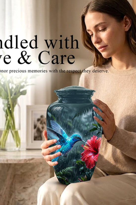 Blue Hummingbird With Red Flower - Personalized Memorial Urns For Ashes