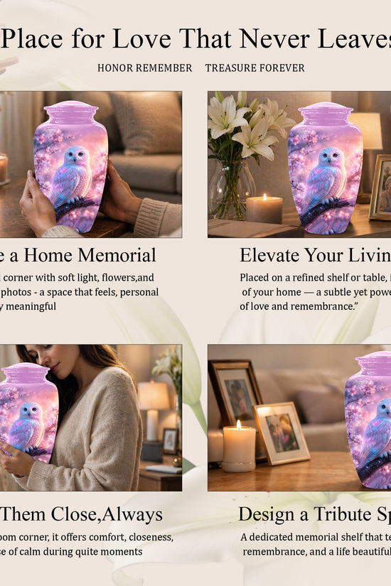 White Owl Cremation Urn - Beautiful Pink Memorial Urns For Human Ashes