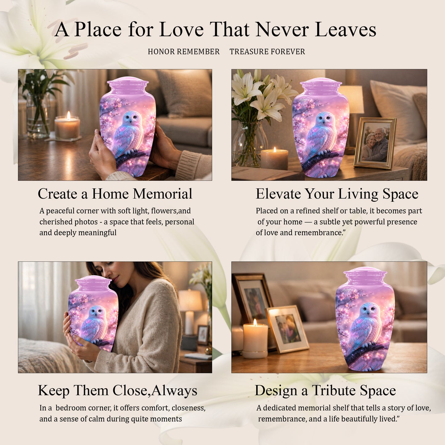 White Owl Cremation Urn - Beautiful Pink Memorial Urns For Human Ashes
