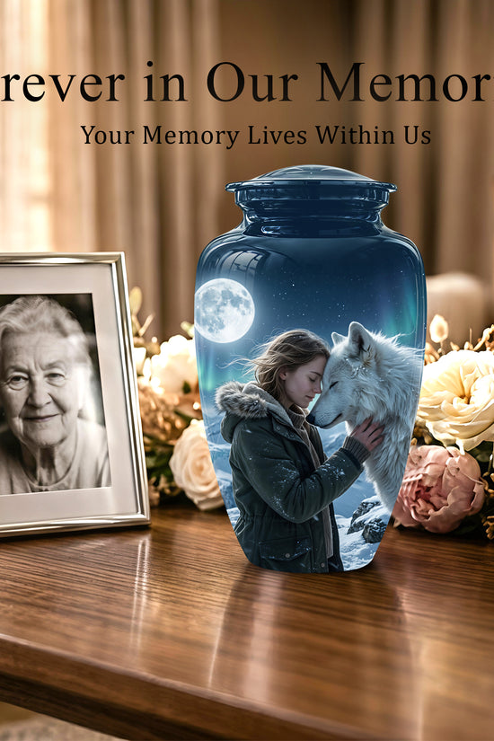 White Wolf Memorial Urn for Ashes - Custom Engraved Urns For Human