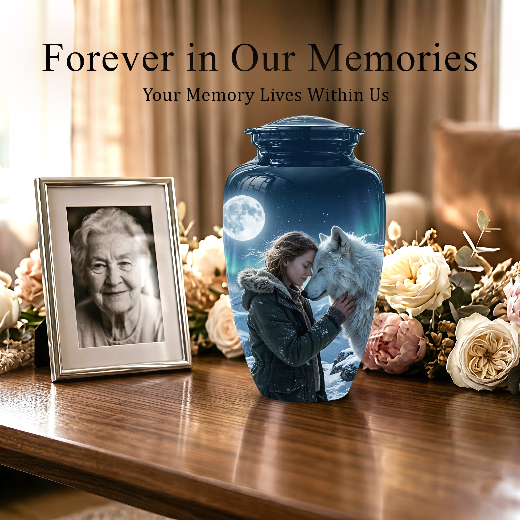 White Wolf Memorial Urn for Ashes - Custom Engraved Urns For Human