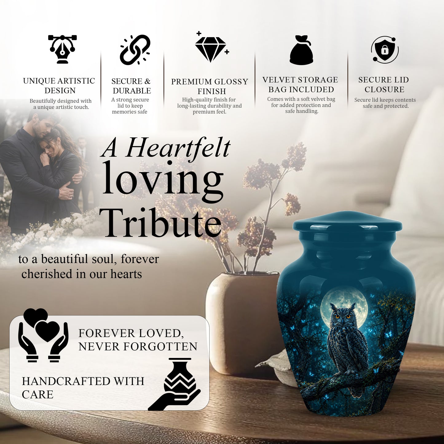 Majestic Horned Owl Burial Urn - Moonlight Owl Funeral Urns For Ashes