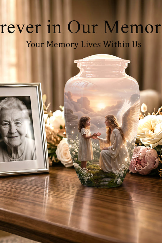Angel Mom With Girl Child - Beautiful Artistic Custom Urns For Mom Ashes