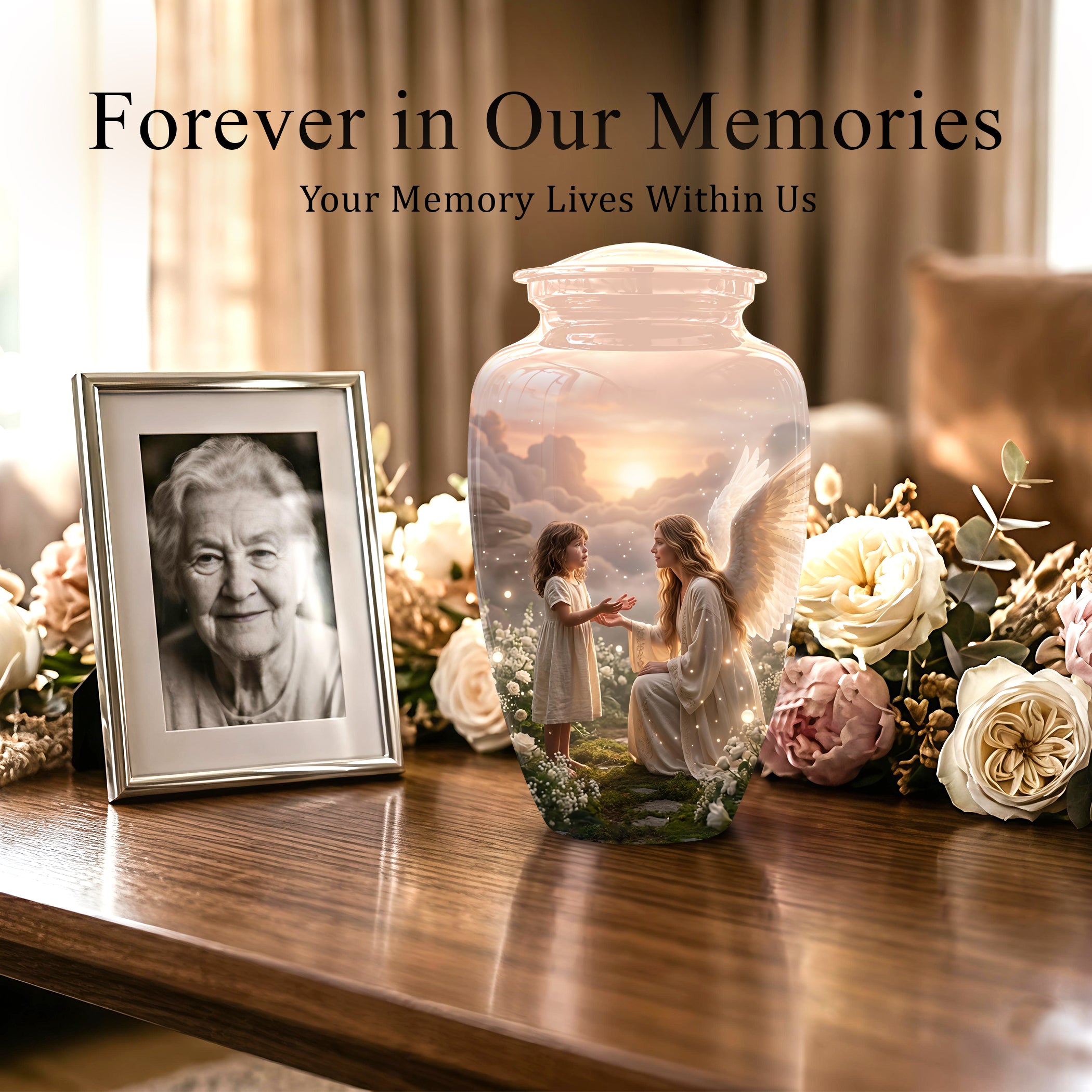Angel Mom With Girl Child - Beautiful Artistic Custom Urns For Mom Ashes