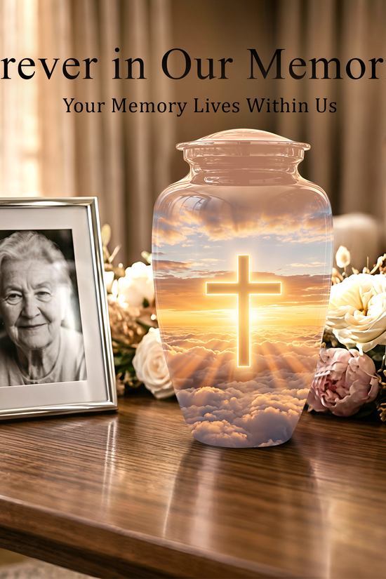 Christian Cross in Sky Cremation Urn - Beautiful Artistic Burial Urns For Ashes