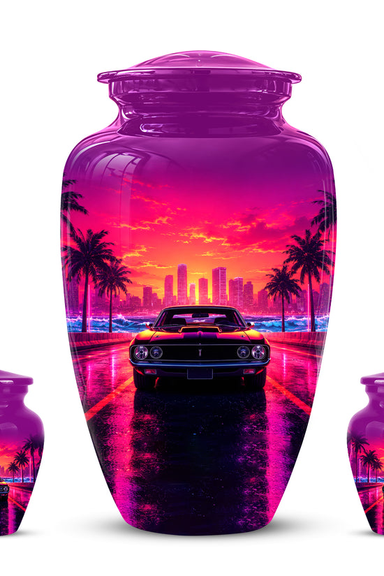 Neon Sunset Cityscape Sports Car Urn - Artistic Cremation Urn On Sale