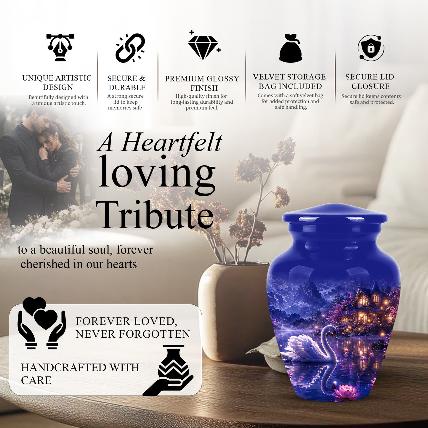 White Swan Cremation Urn - Night Landscape Funeral Urns For Human Ashes