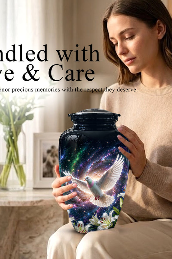 White Flying Dove Cremation Urn - Personalized Black Memorial Urns