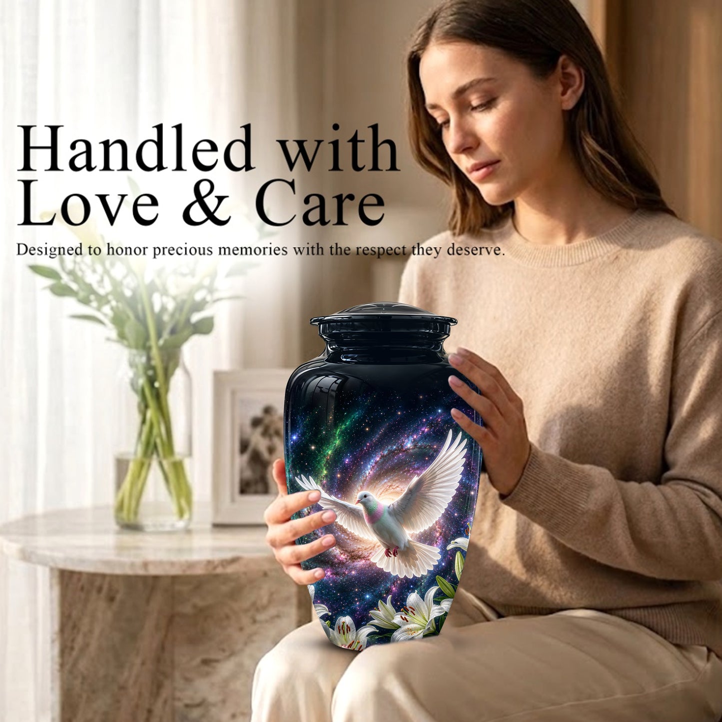 White Flying Dove Cremation Urn - Personalized Black Memorial Urns