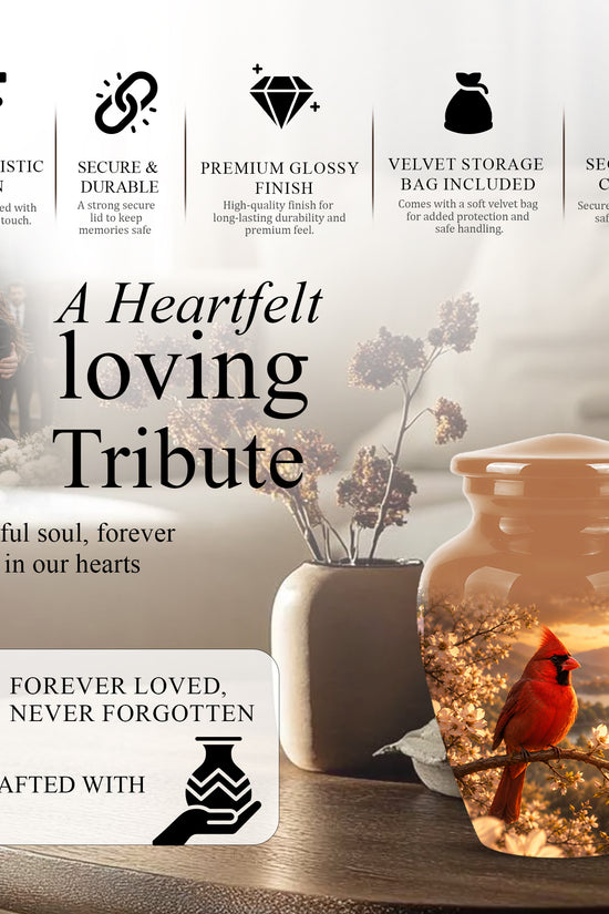 Red Cardinal Bird - Beautiful Sunset Scenic Burial Urns For  Ashes