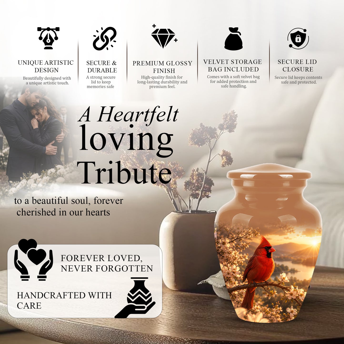 Red Cardinal Bird - Beautiful Sunset Scenic Burial Urns For  Ashes
