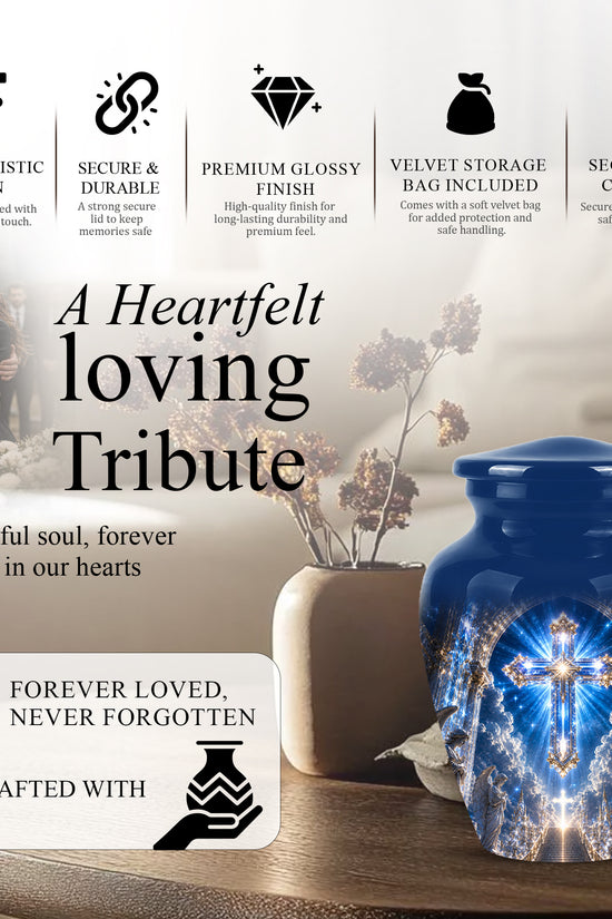 Heavenly Cross Cremation Urn – Blue Memorial Urn For Human Ashes