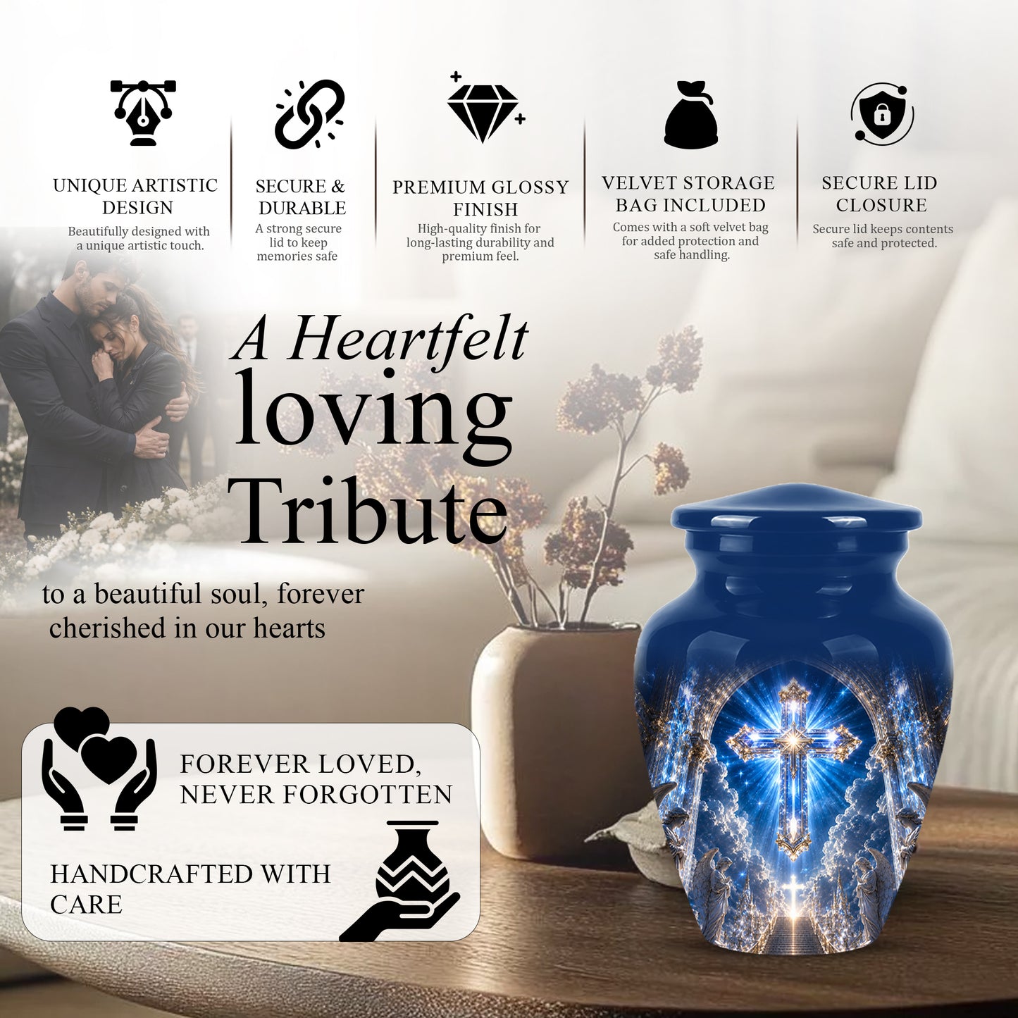 Heavenly Cross Cremation Urn – Blue Memorial Urn For Human Ashes