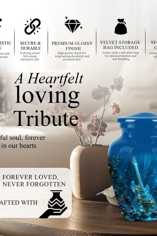 Underwater Guitar Themed Urn -Peaceful Memorial Tribute Urns For Ashes