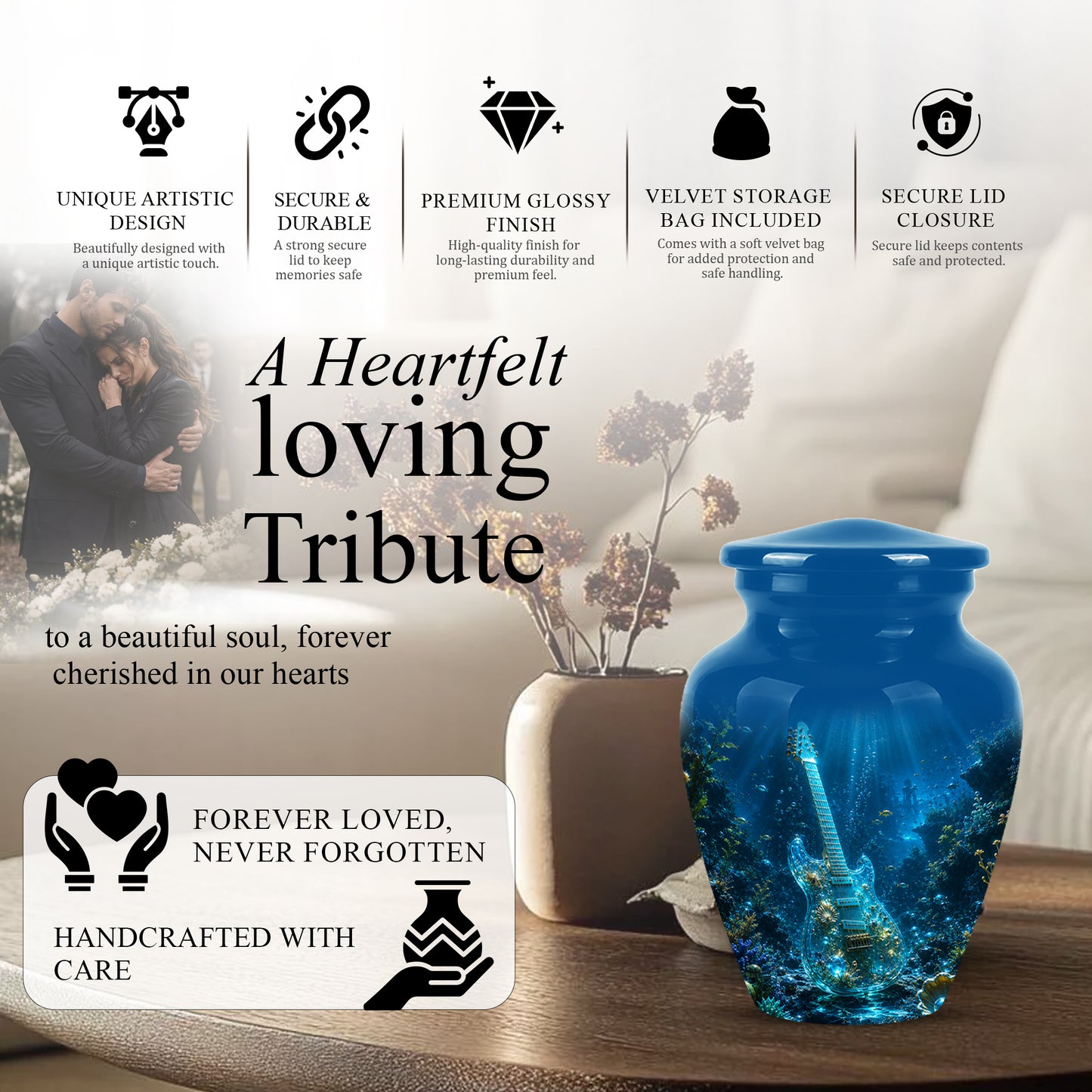 Underwater Guitar Themed Urn -Peaceful Memorial Tribute Urns For Ashes
