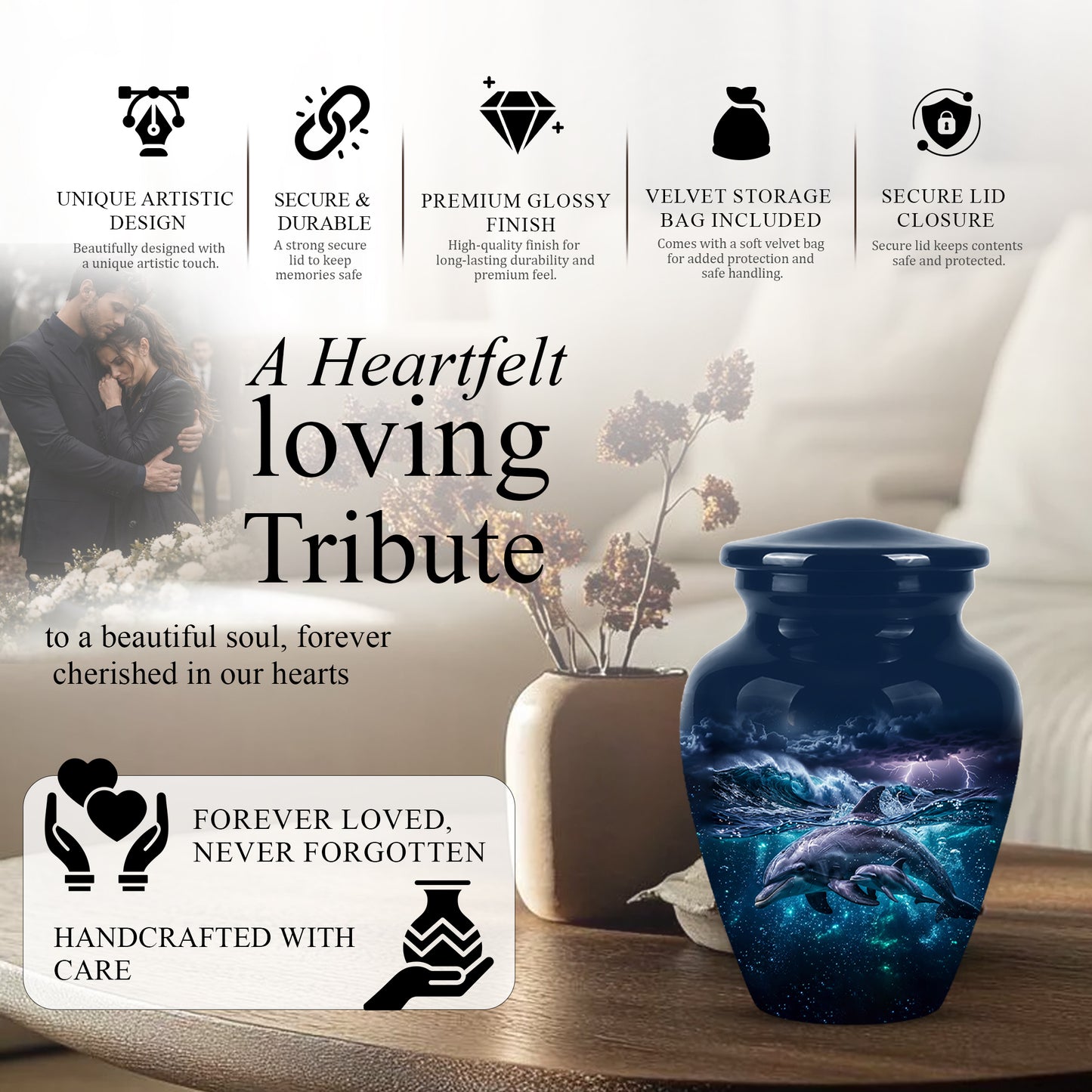 Dolphin Cremation Urn for Ashes –  Beautiful Ocean Storm Memorial Art