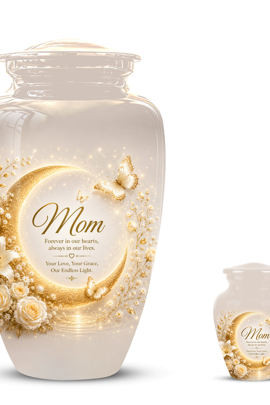 Floral Memorial Urn for Mom – White Aluminium Cremation Urn for Ashes