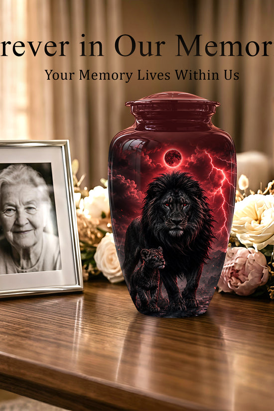 Lion With Cub Urn - Handcrafted Personalized Lion Burial Urn For Ashes