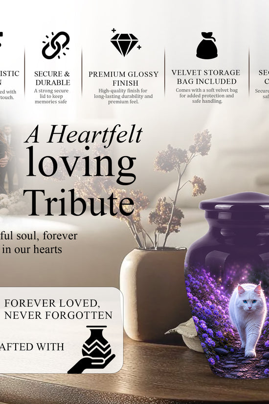 White Cat Cremation Urn - Personalized Burial Urns For Pet Ashes