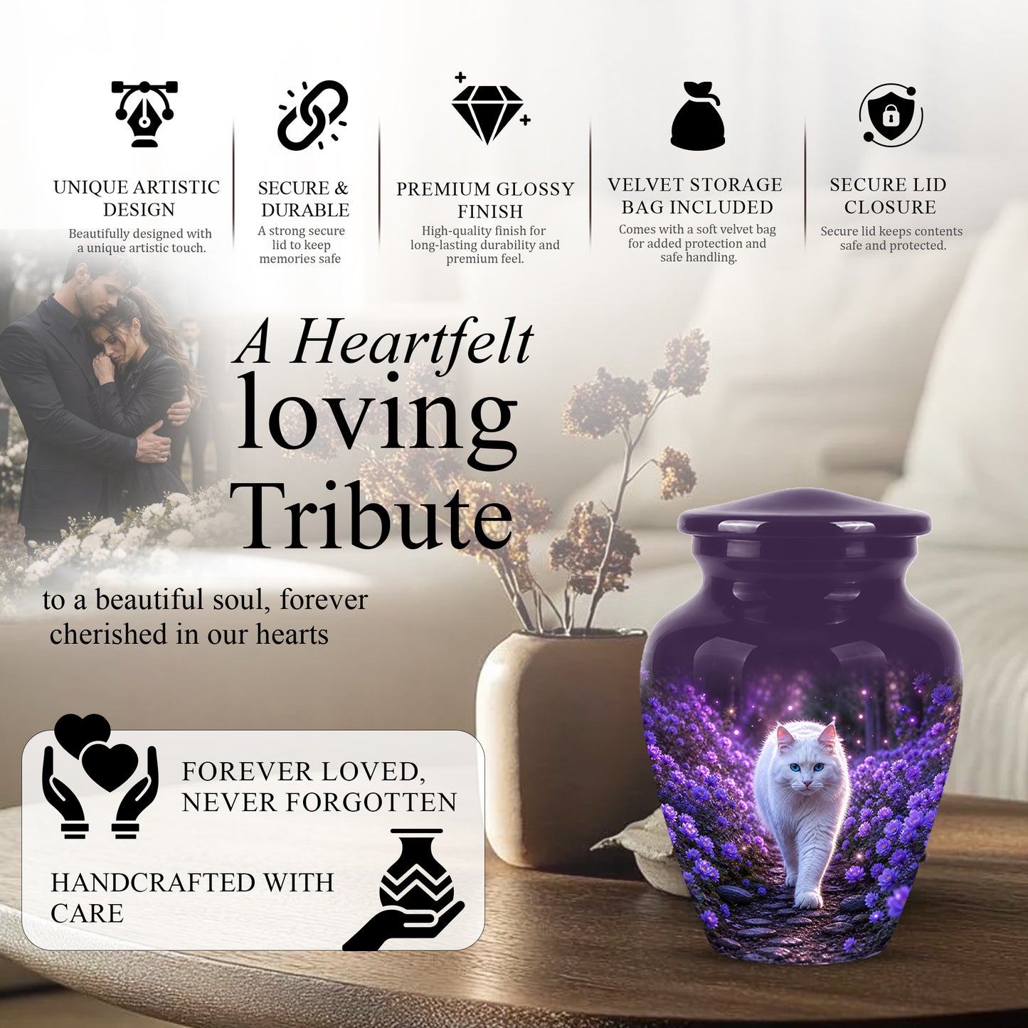 White Cat Cremation Urn - Personalized Burial Urns For Pet Ashes