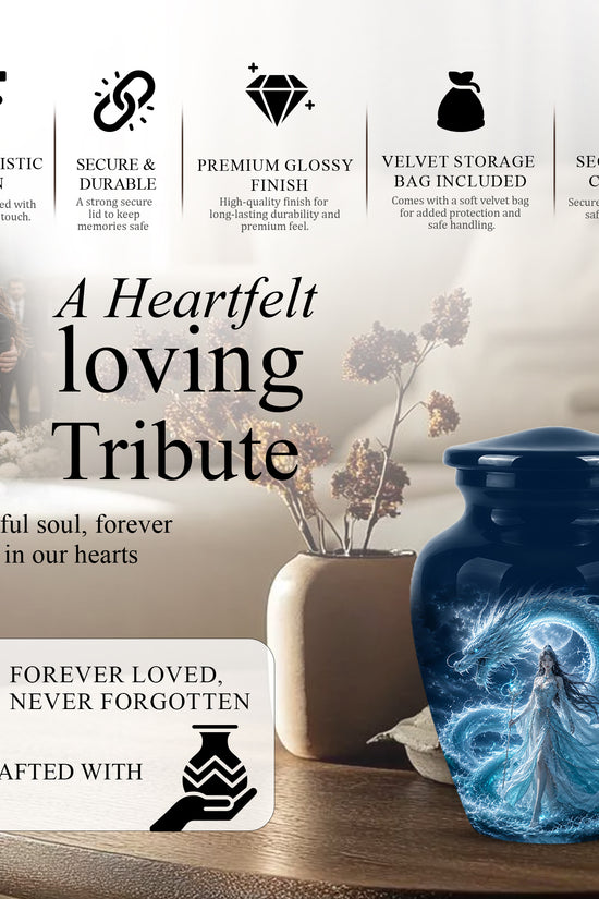 Dragon And Moon Goddess Fantasy Urn - Artistic Memorial Urns For Ashes