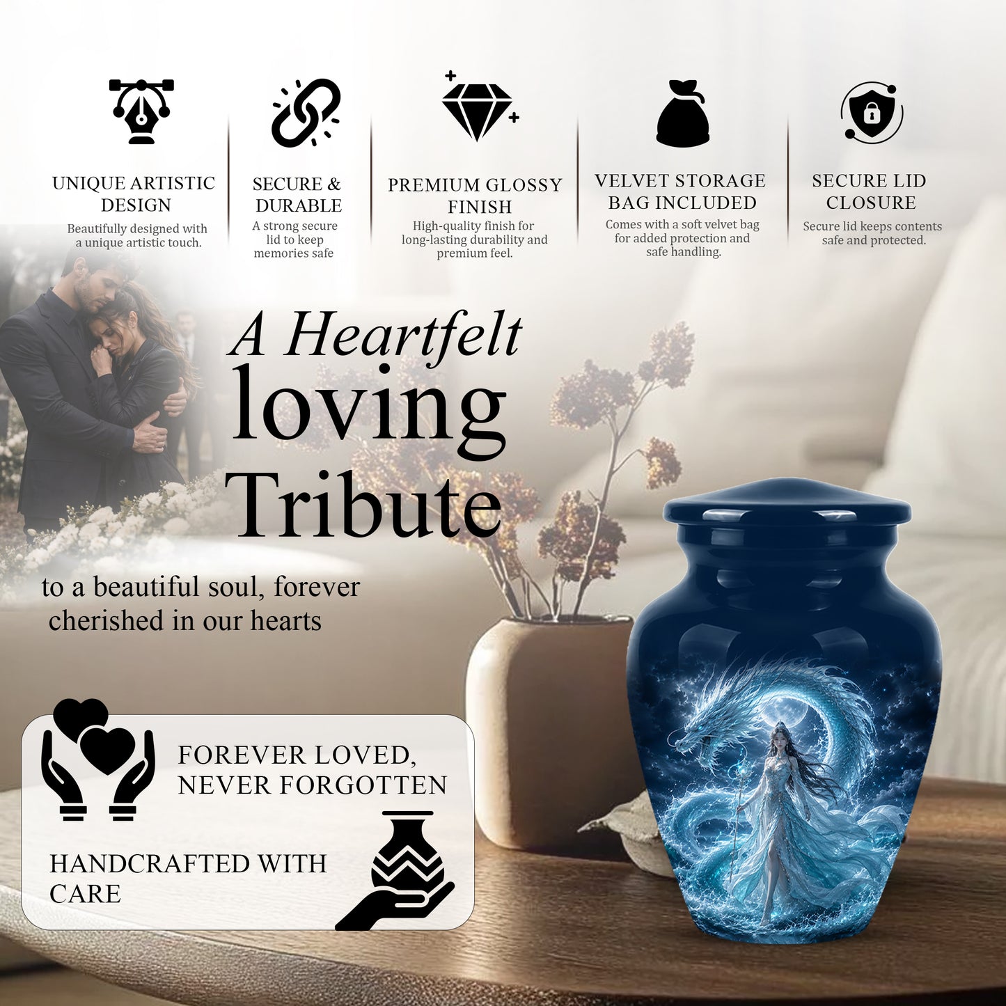 Dragon And Moon Goddess Fantasy Urn - Artistic Memorial Urns For Ashes