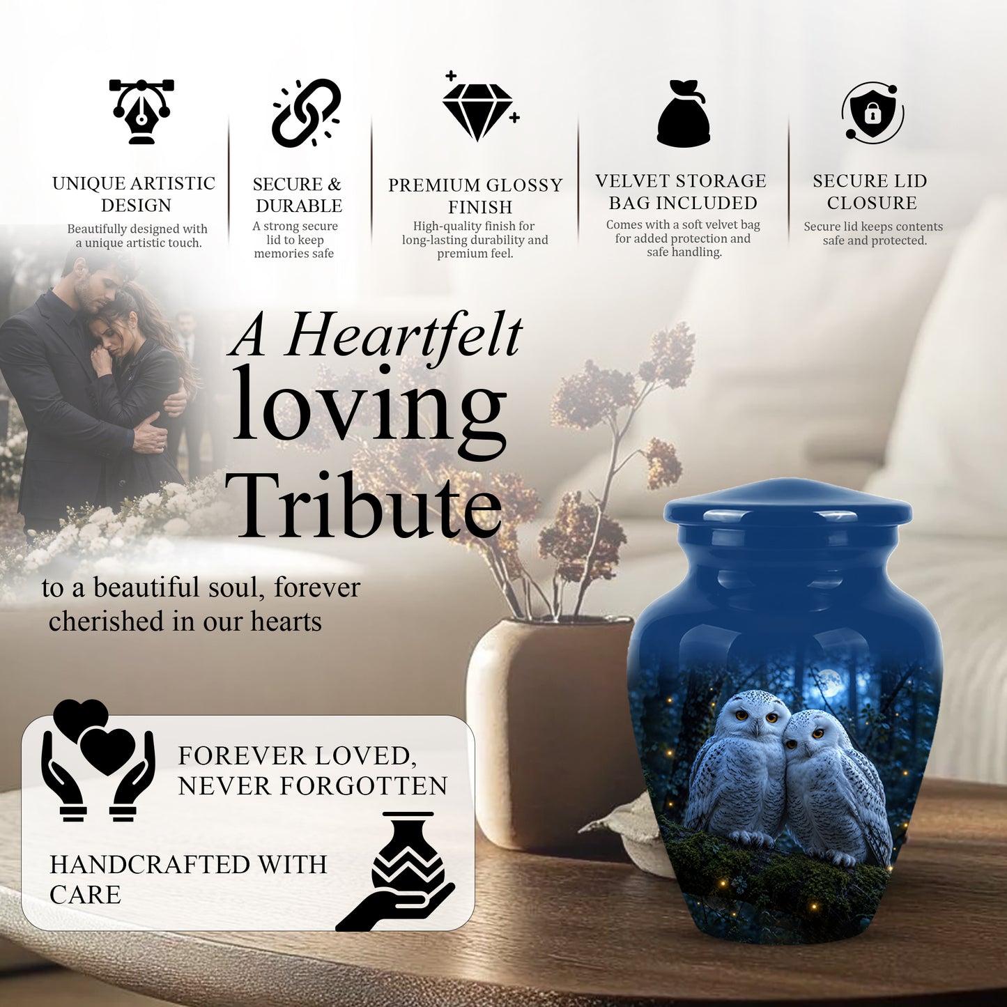 Snowy Owl Cremation Urn - Majestic Blue Memorial Urns For Human Ashes