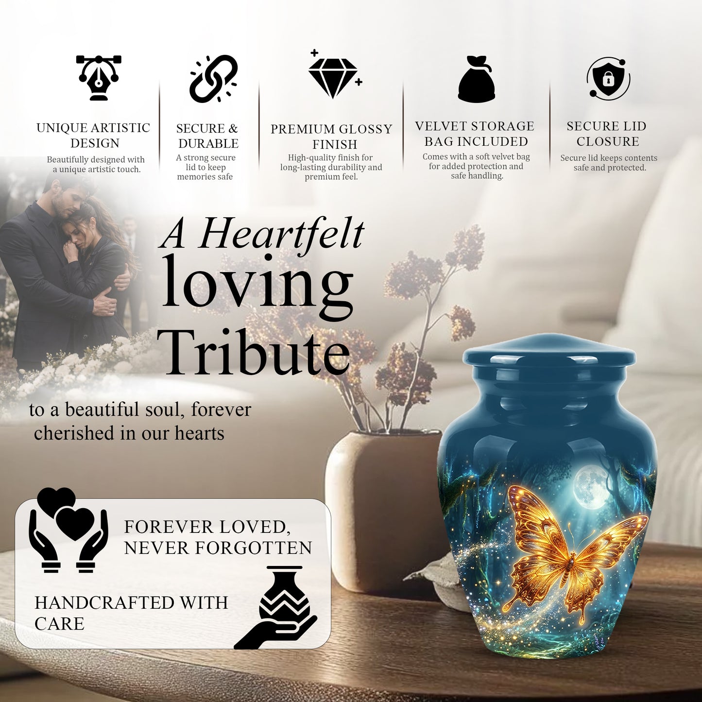 Glowing Yellow Butterfly Themed Urn - Moonlight Memorial Urns For Ashes