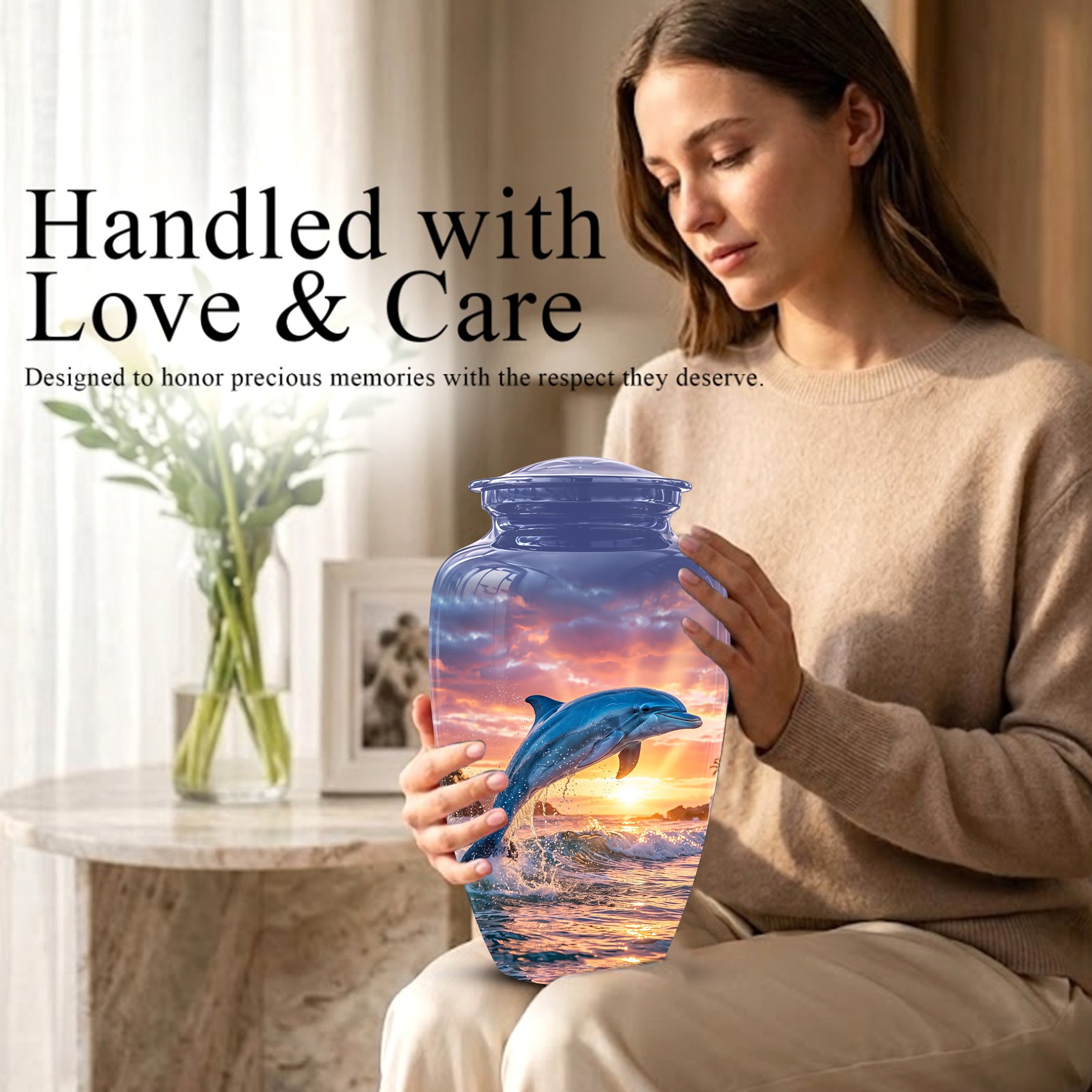 Blue Dolphin Themed Urn - Sunset Custom Funeral Urns For Human Ashes