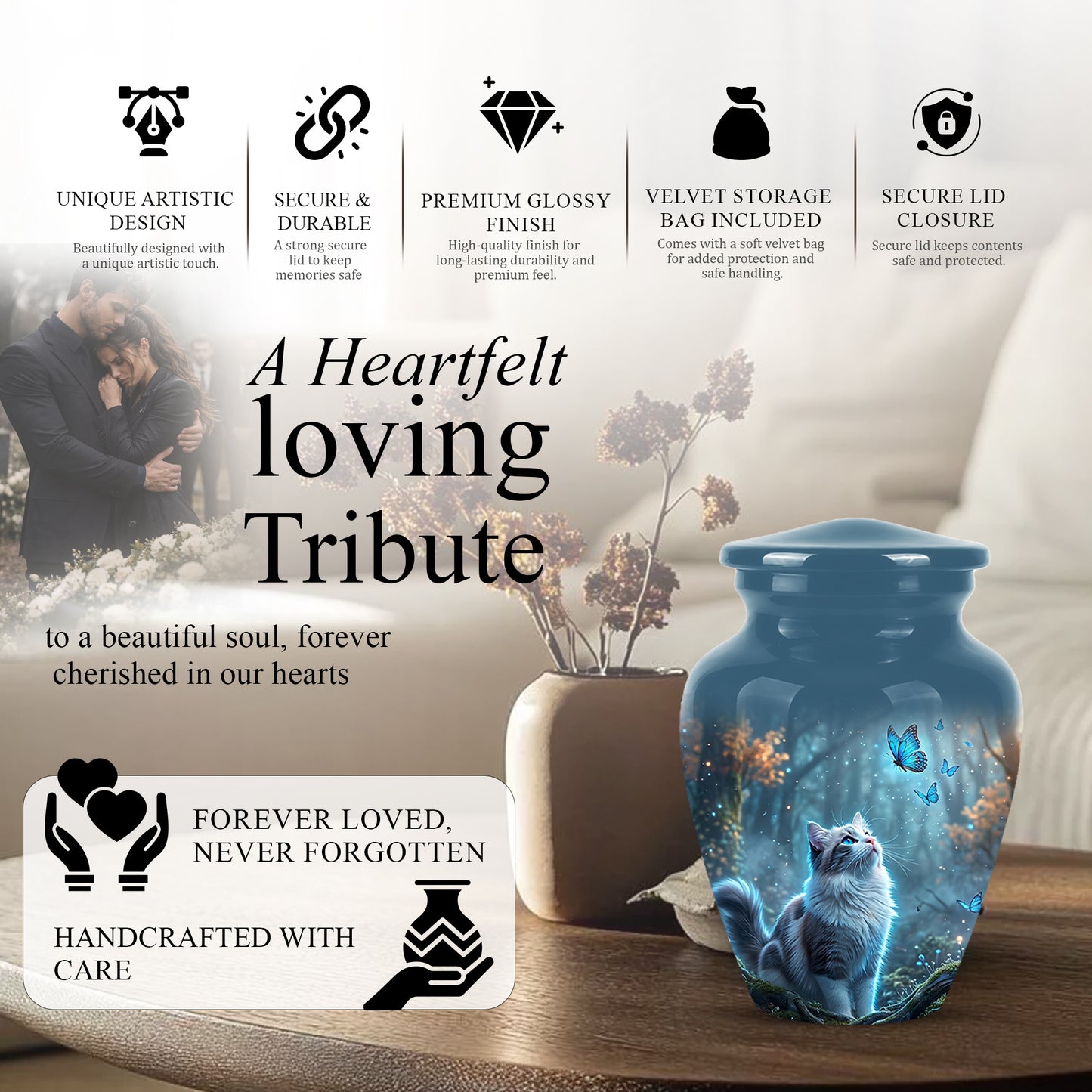 White Cat With Flying Butterfly - Custom Handcrafted Urns For Humans