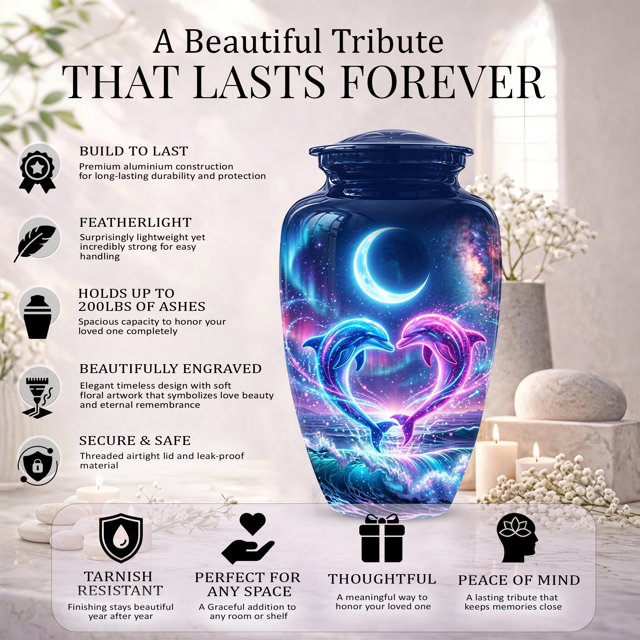 Heart Dolphin Cremation Urn for Ashes – Celestial Moon Memorial Urns