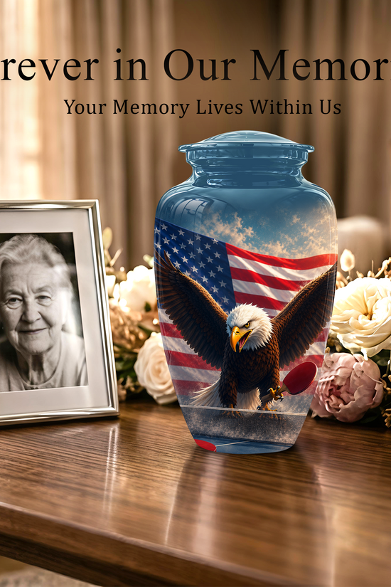 Flying Eagle With American Flag Urn - Patriotic Funeral Memorial Urns