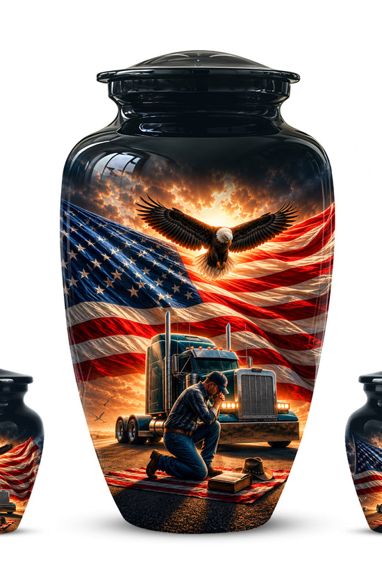 Personalized Patriotic Truck Driver Funeral Urn with American Flag Design