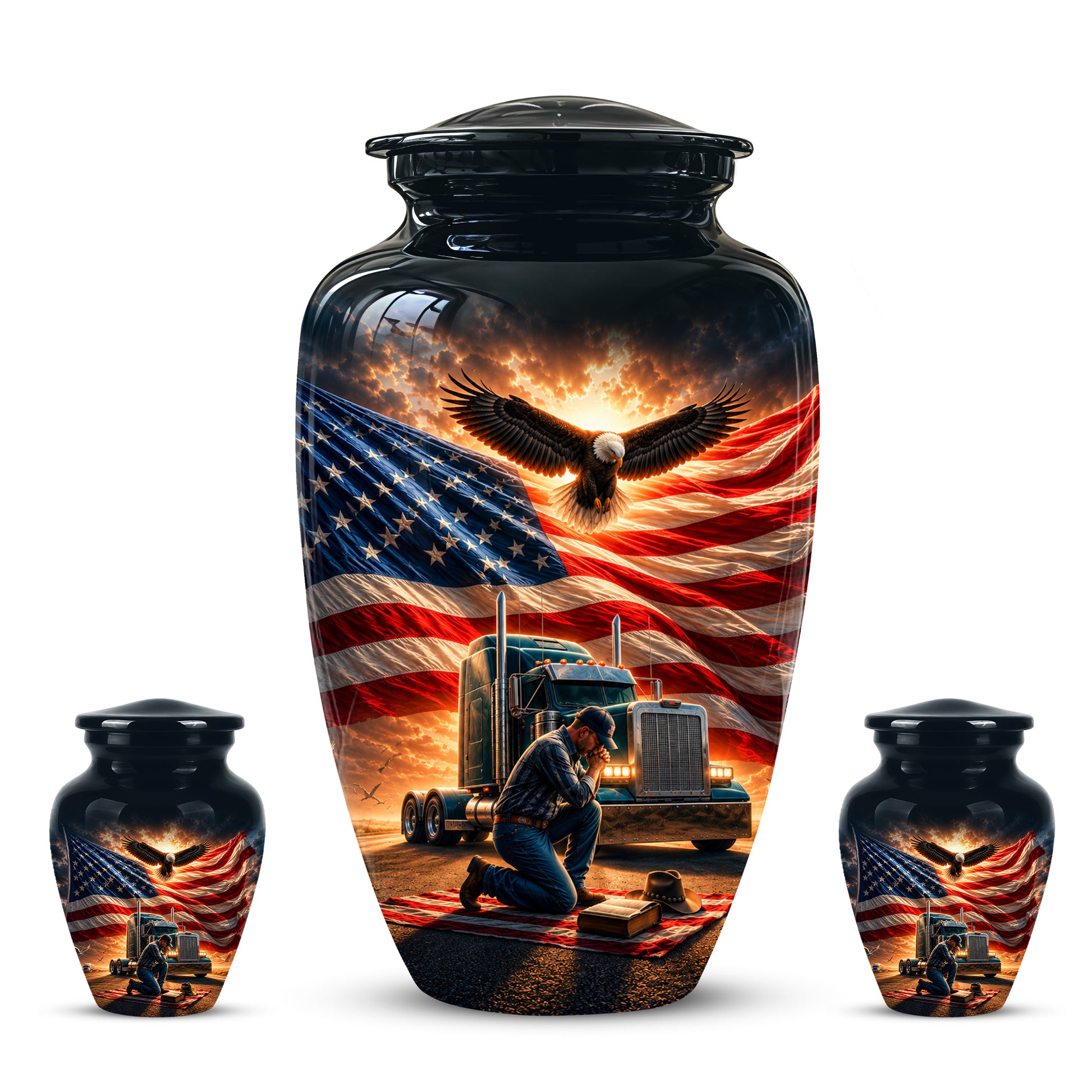 Personalized Patriotic Truck Driver Funeral Urn with American Flag Design
