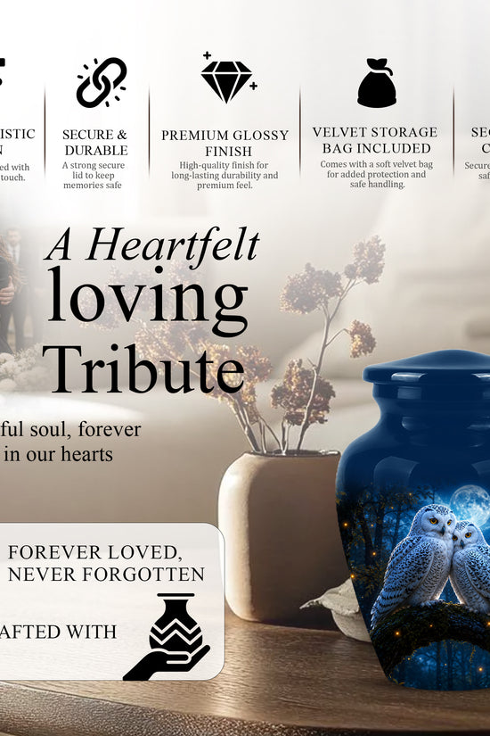 Snowy Owls Cremation Urn - Moonlight Owl Funeral Urns For Human Ashes