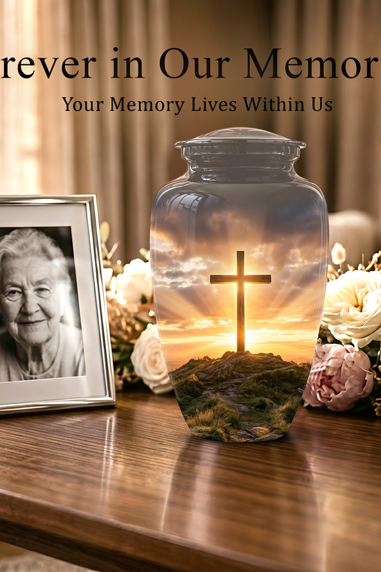 Christian Cross Cremation Urn - Sunrise Scenic Burial Urns For Human Ashes